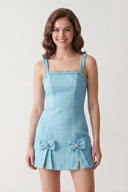 Sky Blue Spaghetti Straps Beaded Sheath Homecoming Dress With Bows | SHEISME