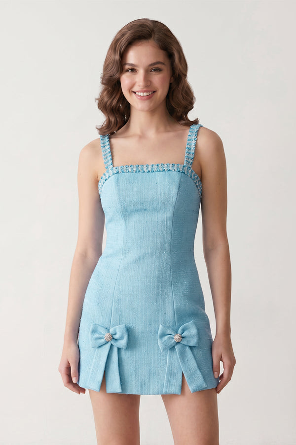 Sky Blue Spaghetti Straps Beaded Sheath Homecoming Dress With Bows | SHEISME