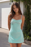 Aqua Spaghetti Straps Satin Sheath Homecoming Dress With Rhinestones | SHEISME