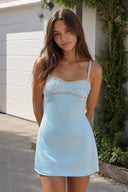 Sky Blue Spaghetti Straps Satin Sheath Homecoming Dress With Rhinestones- SHEISME