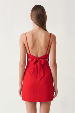 Red Spaghetti Straps Sheath Linen Homecoming Dress With Back Bow | SHEISME