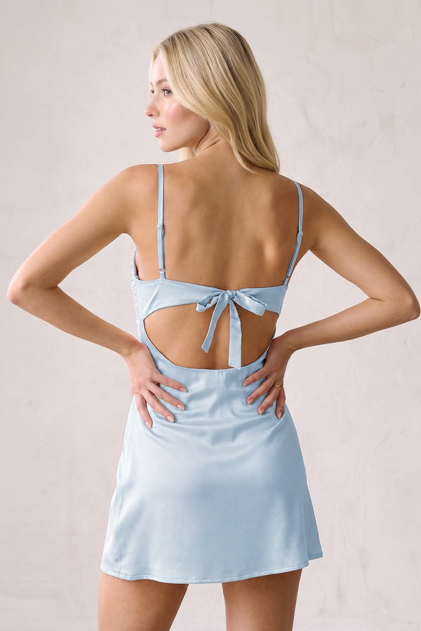 Sky Blue Spaghetti Straps Sheath Rhinestones Satin Homecoming Dress with Tie Back (4) | SHEISME
