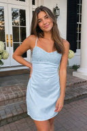 Sky Blue Spaghetti Straps Sheath Rhinestones Satin Homecoming Dress with Tie Back | SHEISME