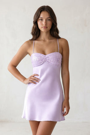 Lavender Spaghetti Straps Sheath Satin Homecoming Dress With Sequins | SHEISME