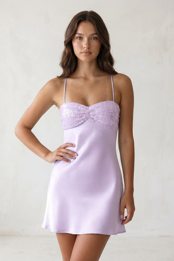 Lavender Spaghetti Straps Sheath Satin Homecoming Dress With Sequins | SHEISME
