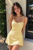 Yellow Spaghetti Straps Sheath Satin Homecoming Dress With Sequins | SHEISME