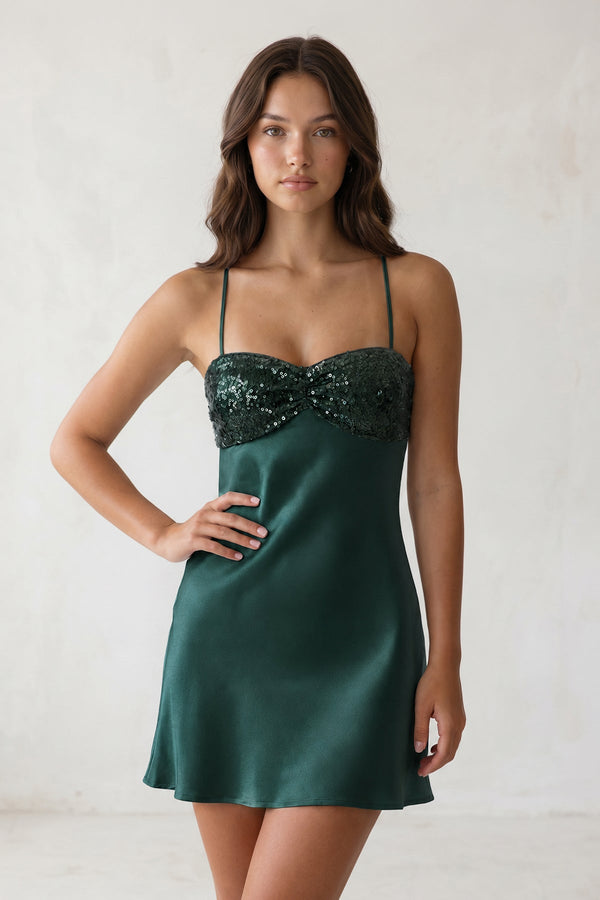 Dark Green Spaghetti Straps Sheath Satin Homecoming Dress With Sequins | SHEISME
