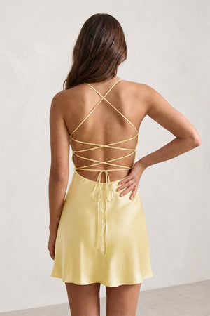 Yellow Spaghetti Straps Sheath Satin Homecoming Dress With Sequins (4) | SHEISME