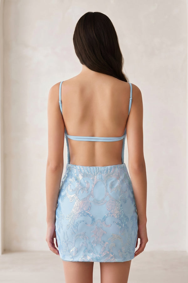 Sky Blue Sparkly Sequin Backless Bodycon Mini Party Dresses | SHEISME