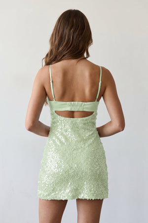 Sage Green Sparkly Spaghetti Straps Sheath Satin Homecoming Dress With Sequins | SHEISME