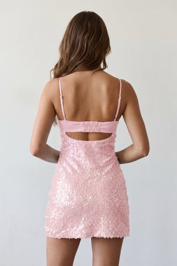 Pink Sparkly Spaghetti Straps Sheath Satin Homecoming Dress With Sequins | SHEISME