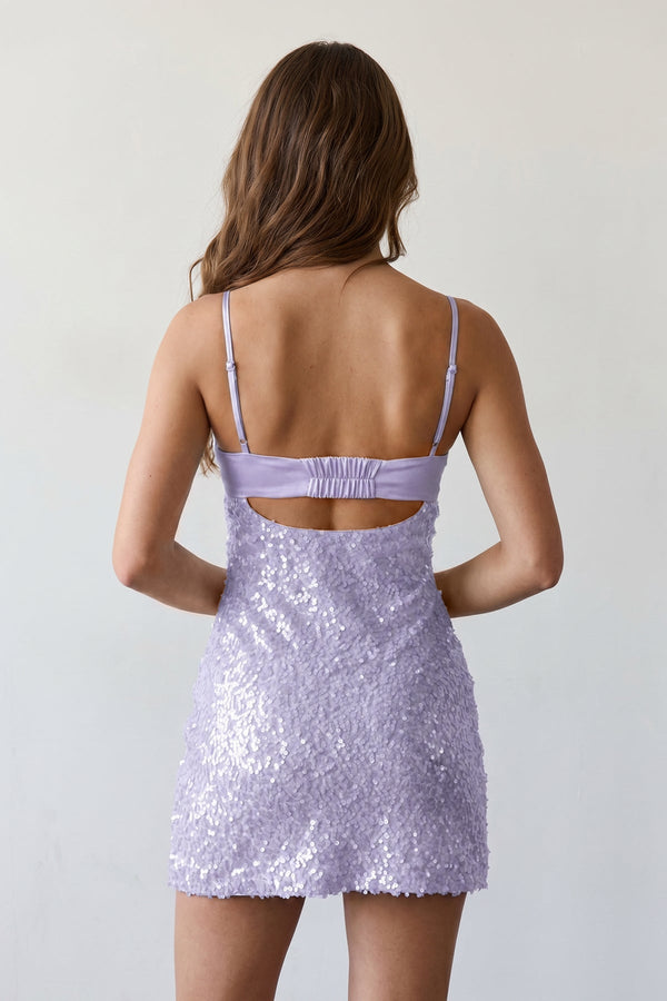 Lavender Sparkly Spaghetti Straps Sheath Satin Homecoming Dress With Sequins (4) | SHEISME