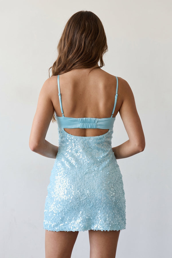 Sky Blue Sparkly Spaghetti Straps Sheath Satin Homecoming Dress With Sequins - SHEISME