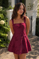 Burgundy Square Neck Embroidered Flower Tulle A-Line Homecoming Dress | SHEISME