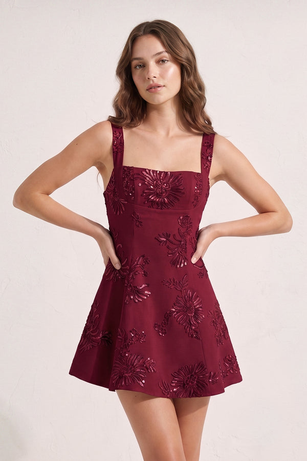 Burgundy Square Neck Embroidered Flower Tulle A-Line Homecoming Dress | SHEISME