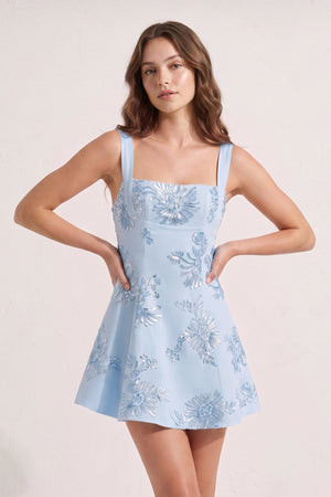 Sky Blue Square Neck Embroidered Flower Tulle A-Line Homecoming Dress | SHEISME