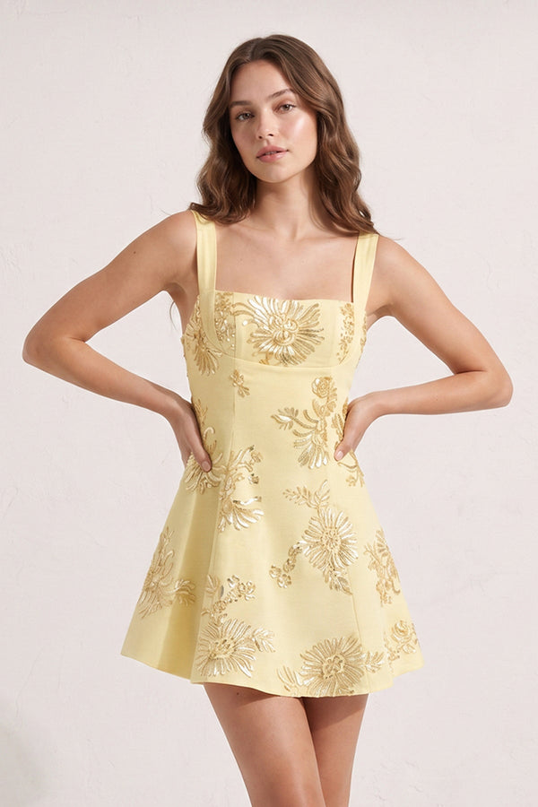 Yellow Square Neck Embroidered Flower Tulle A-Line Homecoming Dress | SHEISME