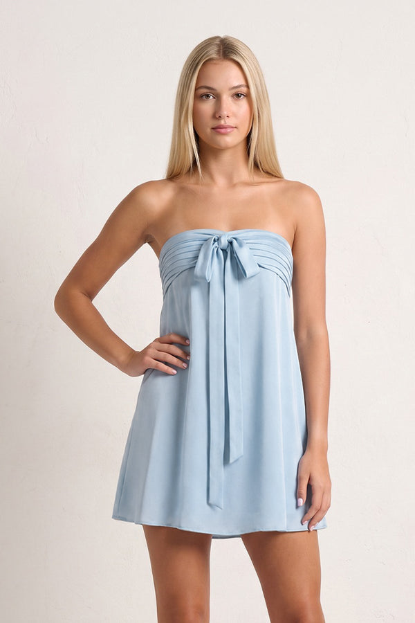 Sky Blue Strapless A-Line Satin Homecoming Dress with Ribbon | SHEISME