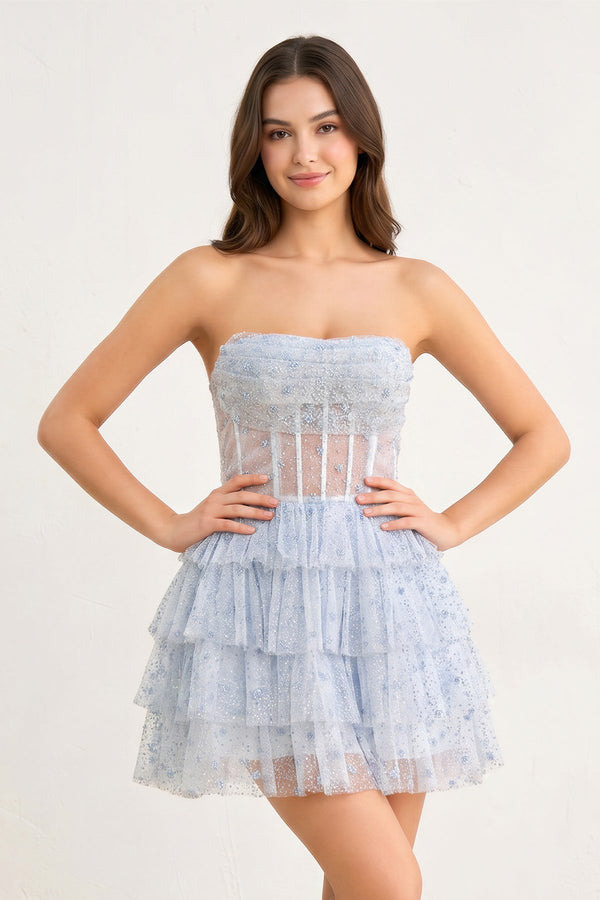 Sky Blue A-Line Strapless Scoop Tiered Sleeveless Short Homecoming Dress - SHEISME