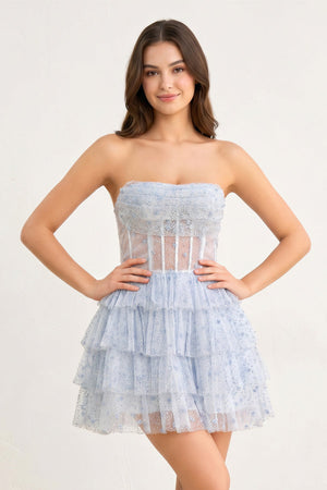 Sky Blue A-Line Strapless Scoop Tiered Sleeveless Short Homecoming Dress - SHEISME