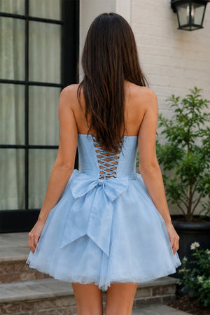 Sky Blue Strapless Tulle A-Line Short Corset Homecoming Dress with Bow - SHEISME