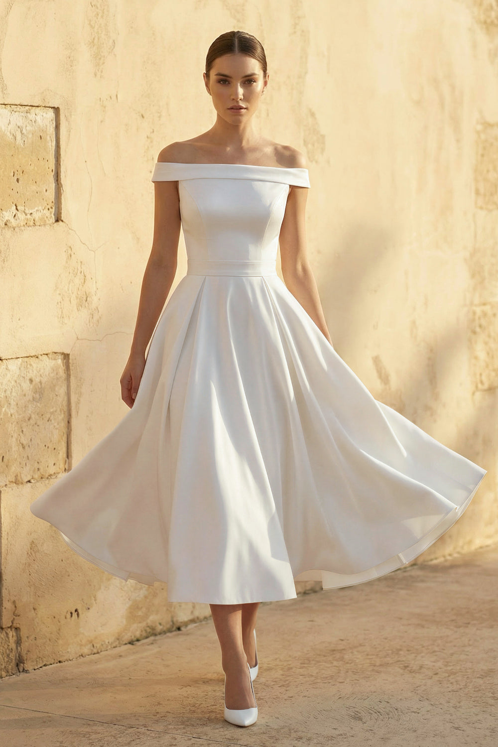 Off-The-Shoulder Sleeveless Satin Wedding Dress in White - SHE IS ME WEDDING DRESSES