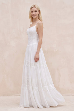 White Spaghetti Sleeveless Chiffon Beach Boho Wedding Dress - SHEISME