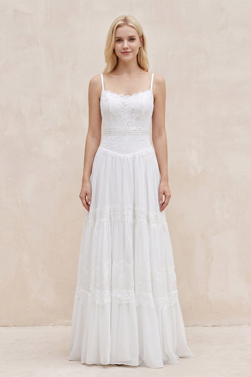 White Spaghetti Sleeveless Chiffon Beach Boho Wedding Dress - SHEISME