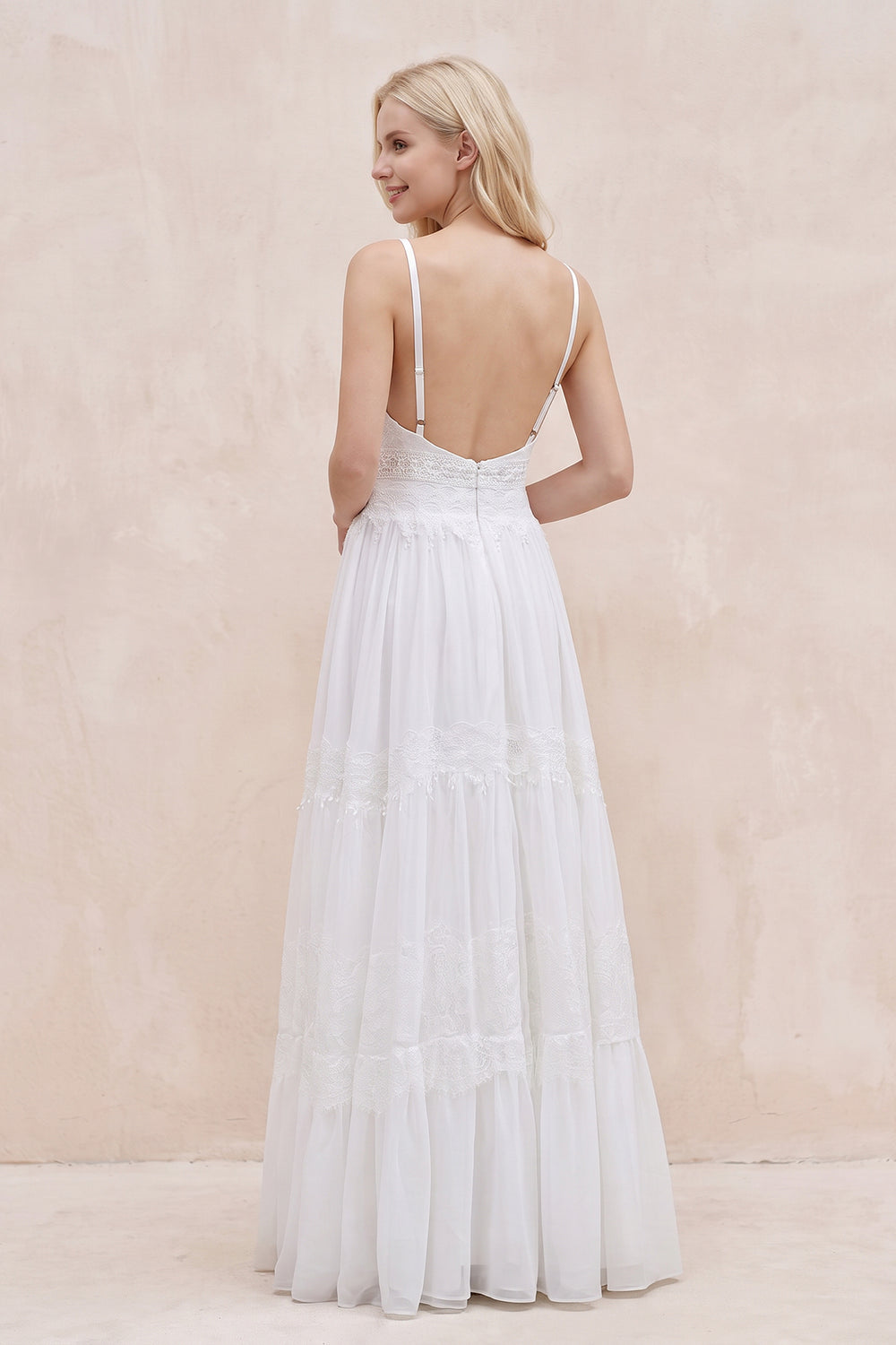 White Spaghetti Sleeveless Chiffon Beach Boho Wedding Dress - SHEISME