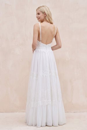 White Spaghetti Sleeveless Chiffon Beach Boho Wedding Dress - SHEISME