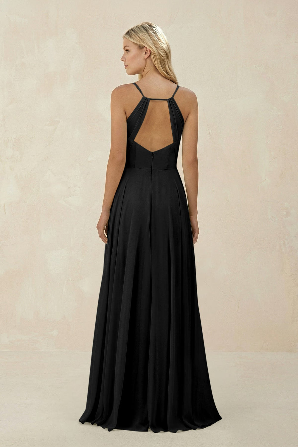 Spaghetti Strap A - Line Chiffon Bridesmaid Dress in Black - SHE IS ME Bridesmaid Dresses