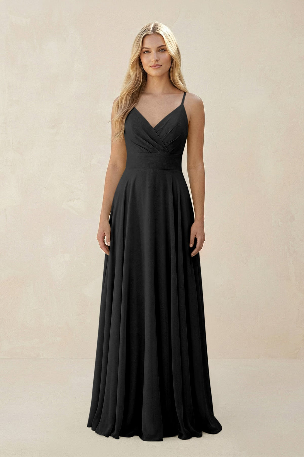 Spaghetti Strap A - Line Chiffon Bridesmaid Dress in Black - SHE IS ME Bridesmaid Dresses