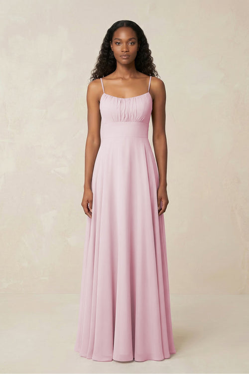 Spaghetti Strap A - Line Chiffon Bridesmaid Dress in Candy Pink - SHE IS ME Bridesmaid Dresses