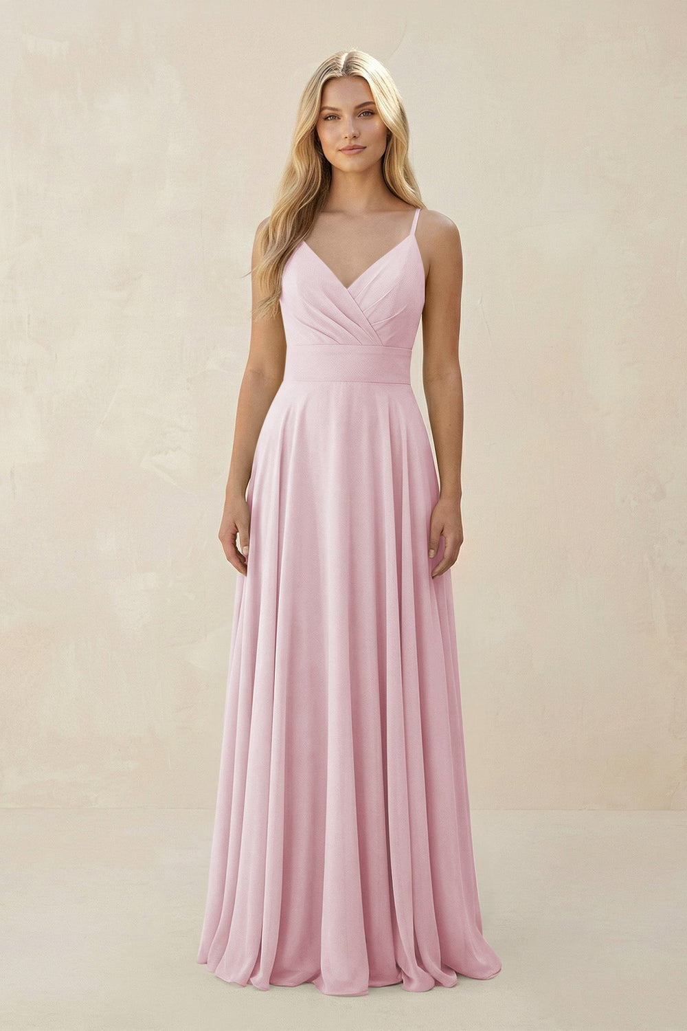 Spaghetti Strap A - Line Chiffon Bridesmaid Dress in Candy Pink - SHE IS ME Bridesmaid Dresses
