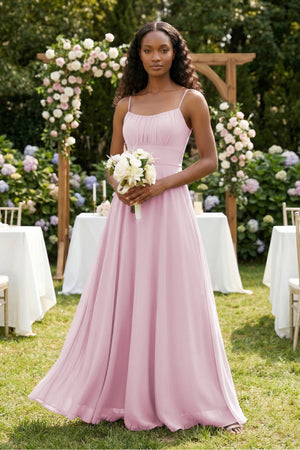 Spaghetti Strap A - Line Chiffon Bridesmaid Dress in Candy Pink - SHE IS ME Bridesmaid Dresses