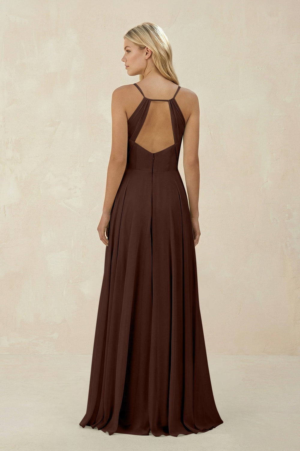 Spaghetti Strap A - Line Chiffon Bridesmaid Dress in Espresso - SHE IS ME Bridesmaid Dresses