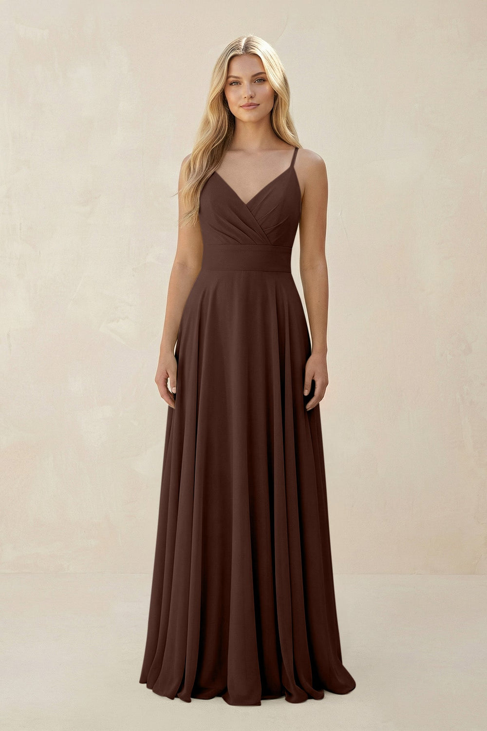 Spaghetti Strap A - Line Chiffon Bridesmaid Dress in Espresso - SHE IS ME Bridesmaid Dresses