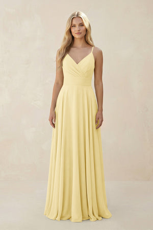 Spaghetti Strap A - Line Chiffon Bridesmaid Dress in Pastel Yellow - SHE IS ME Bridesmaid Dresses