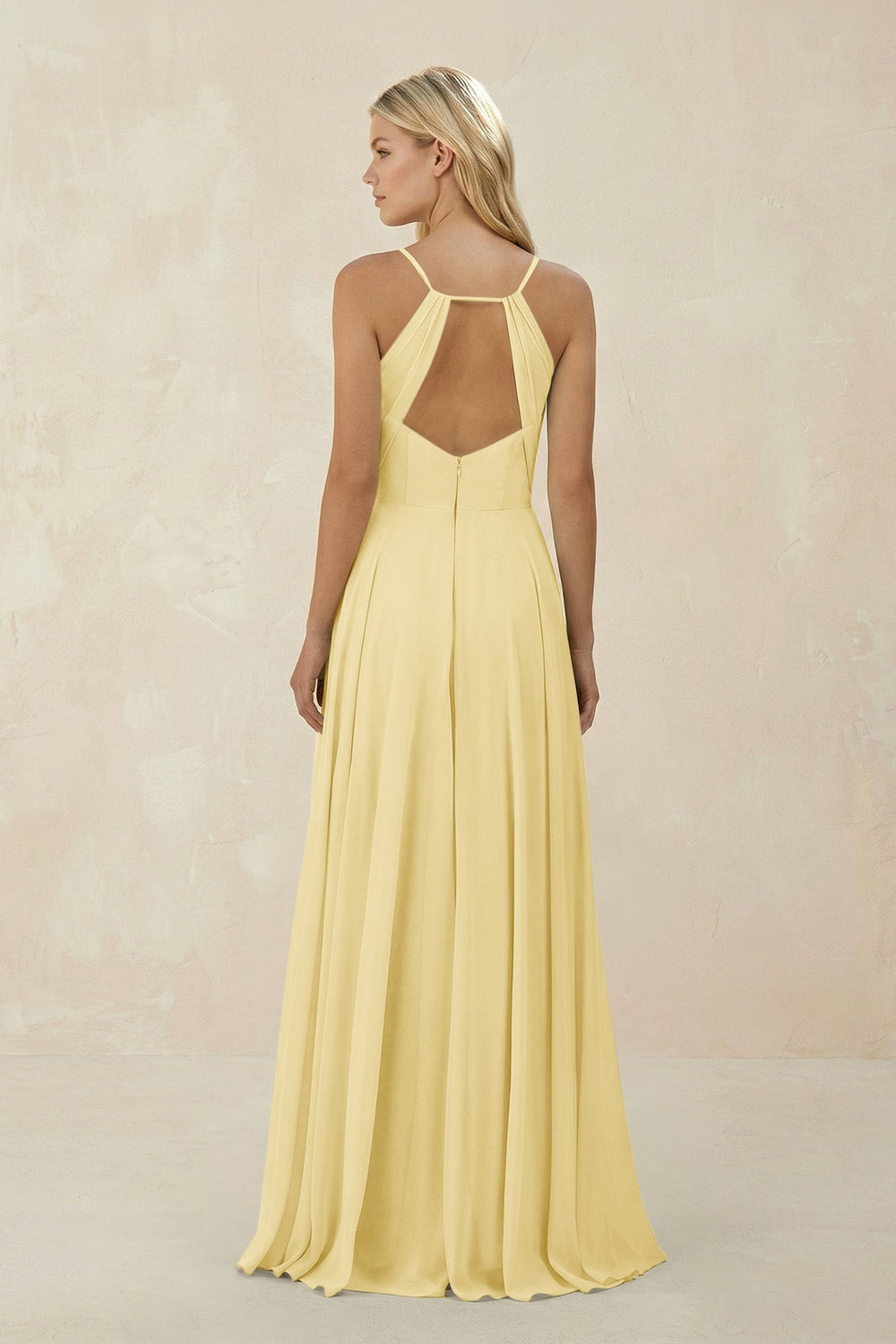 Spaghetti Strap A - Line Chiffon Bridesmaid Dress in Pastel Yellow - SHE IS ME Bridesmaid Dresses