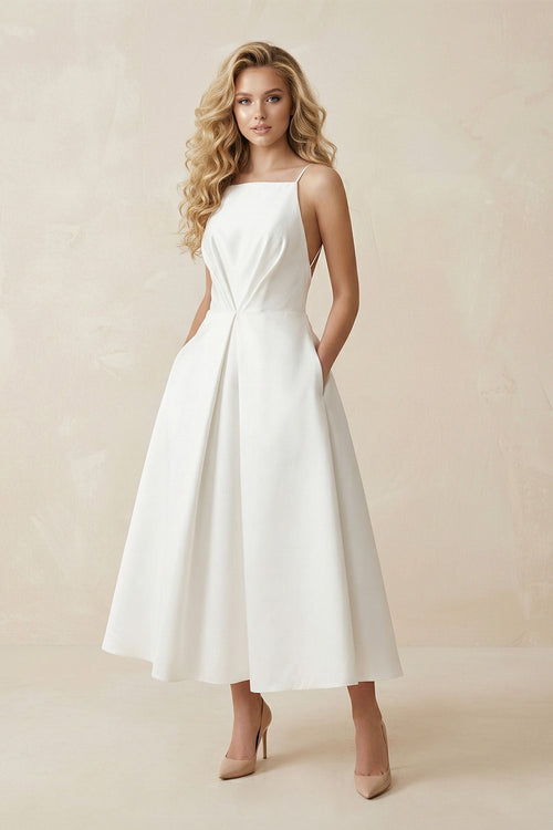 Spaghetti Strap A - Line Satin Midi Wedding Dress in White - SHE IS ME Wedding Dresses