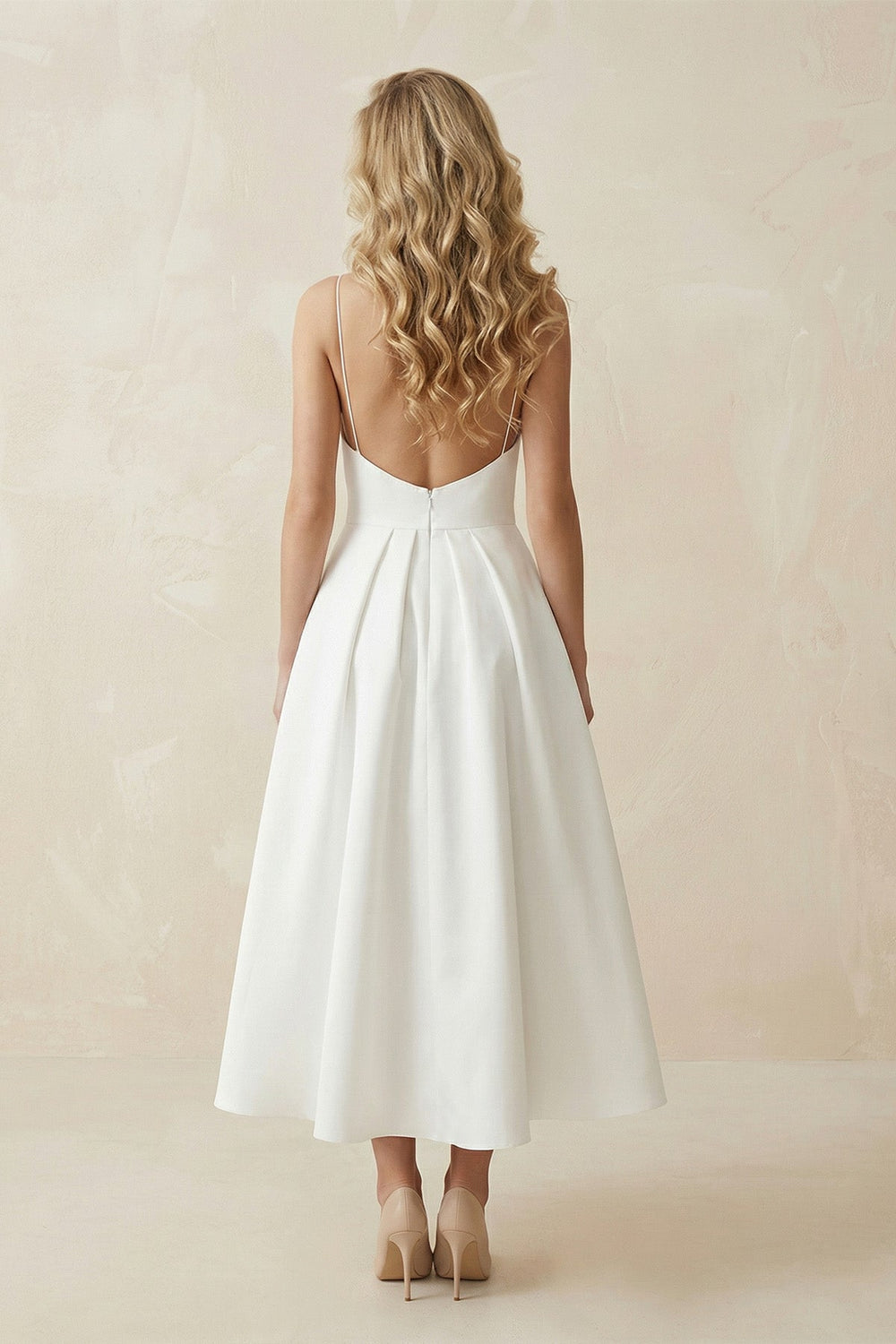 Spaghetti Strap A - Line Satin Midi Wedding Dress in White - SHE IS ME Wedding Dresses