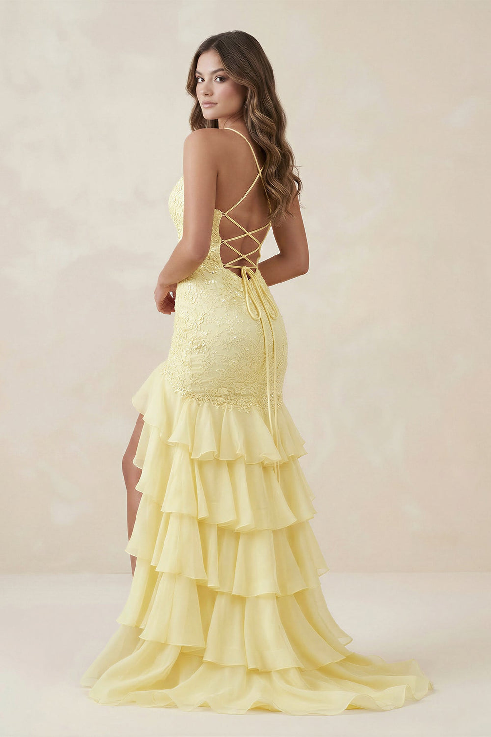 Spaghetti Strap Appliqued Mermaid Chiffon Long Prom Dress in Yellow - SHE IS ME Prom Dresses