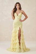 Spaghetti Strap Appliqued Mermaid Chiffon Long Prom Dress in Yellow - SHE IS ME Prom Dresses