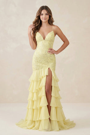 Spaghetti Strap Appliqued Mermaid Chiffon Long Prom Dress in Yellow - SHE IS ME Prom Dresses