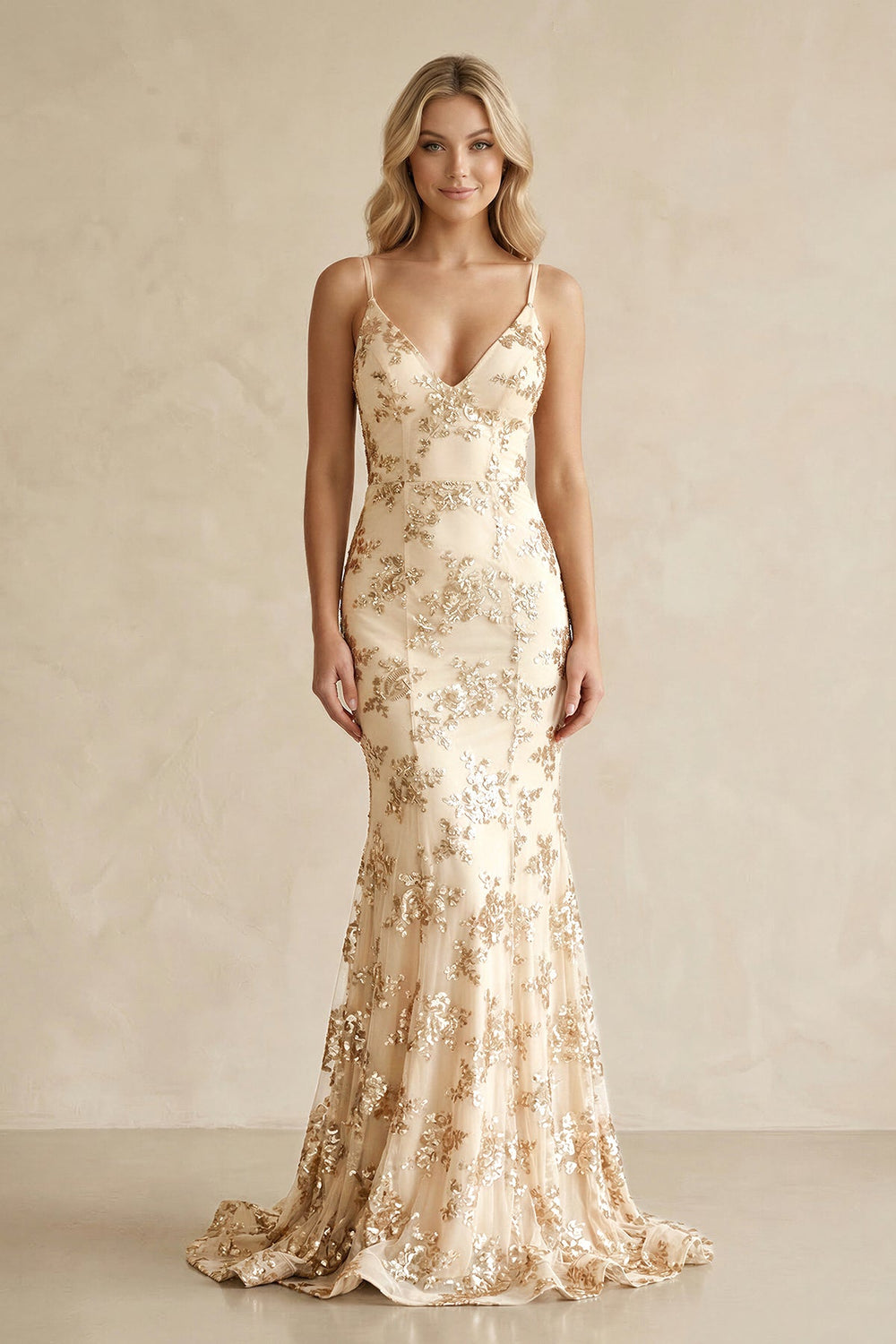 Spaghetti Strap Appliqued Mermaid Long Prom Dress in Gold - SHE IS ME Prom Dresses