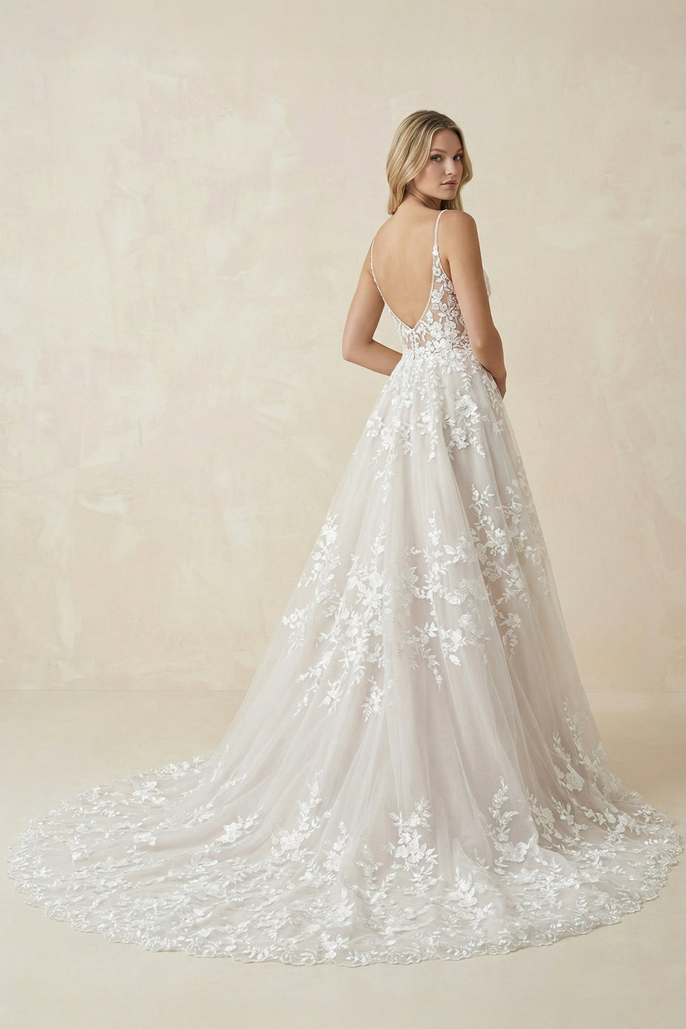 Spaghetti Strap Appliqued Tulle Wedding Dress in Ivory - SHE IS ME Wedding Dresses