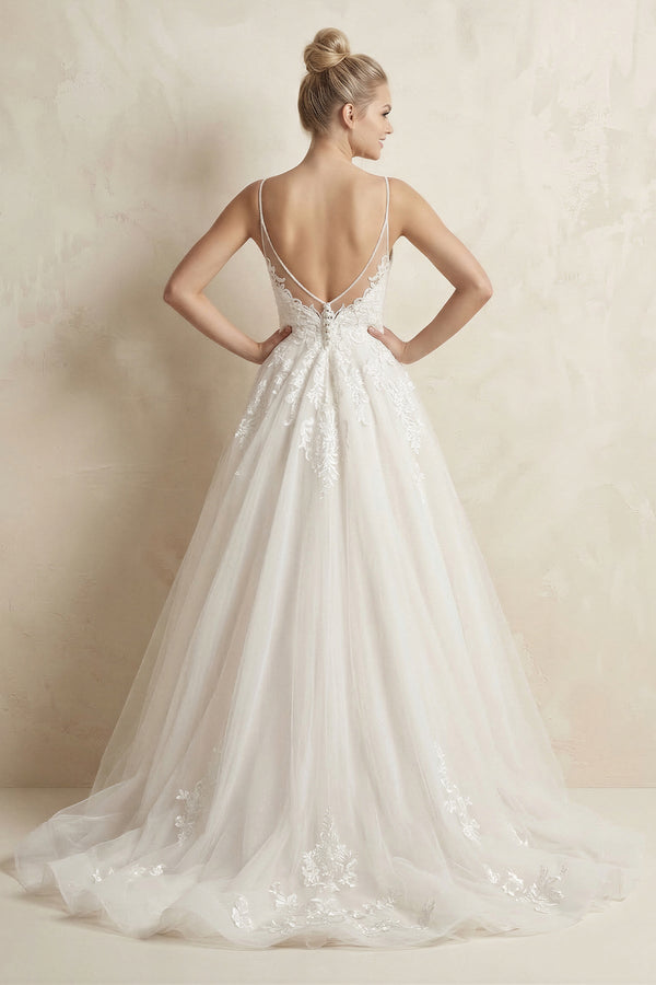 Spaghetti Strap Ball Gown Tulle Appliqued Wedding Dress in Ivory - SHE IS ME Wedding Dresses