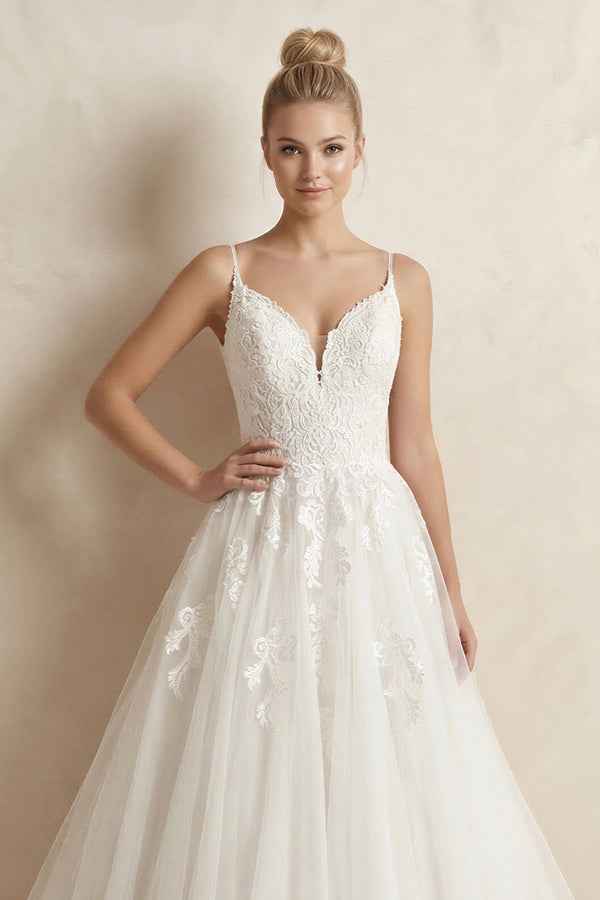 Spaghetti Strap Ball Gown Tulle Appliqued Wedding Dress in Ivory - SHE IS ME Wedding Dresses