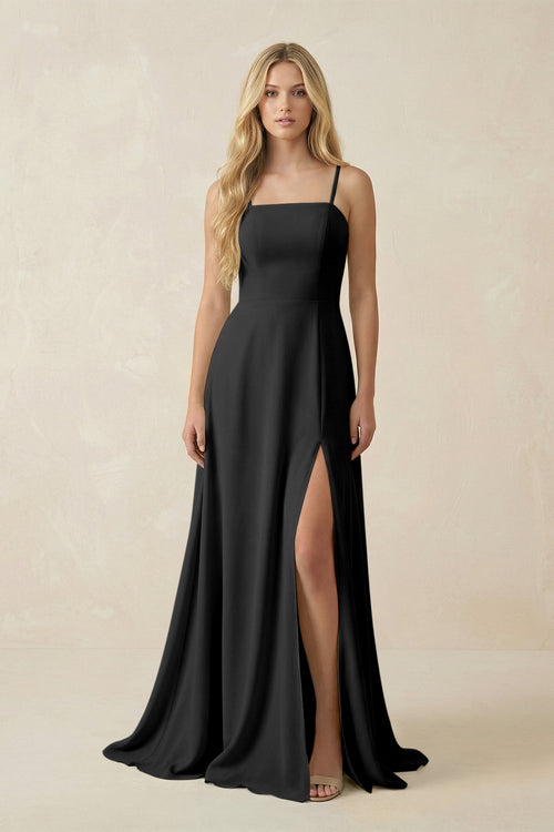 Spaghetti Strap Chiffon A - Line Bridesmaid Dress in Black - SHE IS ME Bridesmaid Dresses