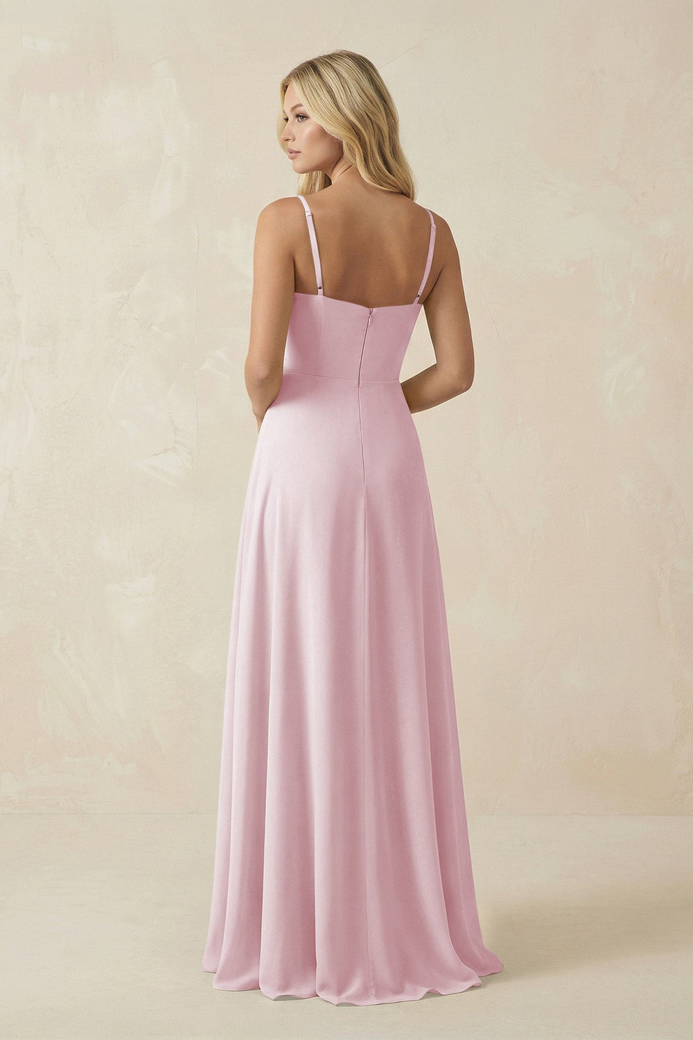 Spaghetti Strap Chiffon A - Line Bridesmaid Dress in Candy Pink - SHE IS ME Bridesmaid Dresses